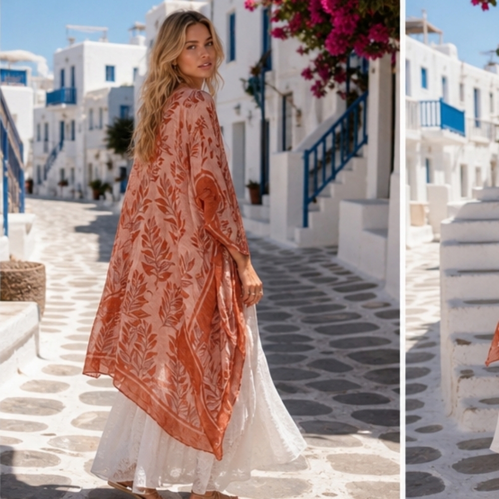 Nicole Miller Terracotta Leaf Print Sheer Swim Coverup
